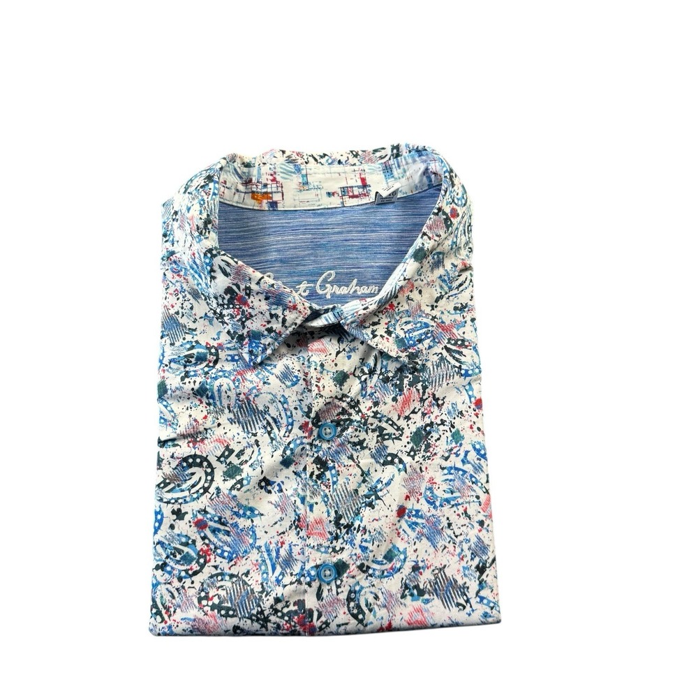 Robert Graham White Blue Red Paint Splatter Cotton S/S Button Front Size 3XL